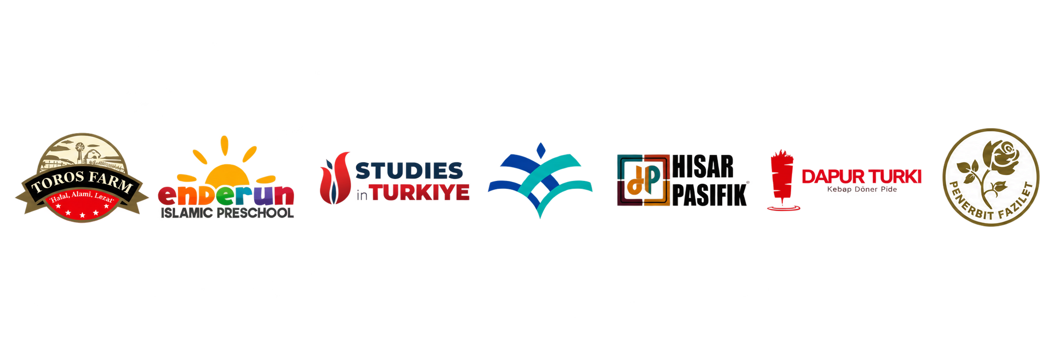 Toros Farm, Enderun Islamic Preschool, Studies in Türkiye, mitra berlogo biru dan teal, Hisar Pasifik, Dapur Turki, dan Penerbit Fazilet.